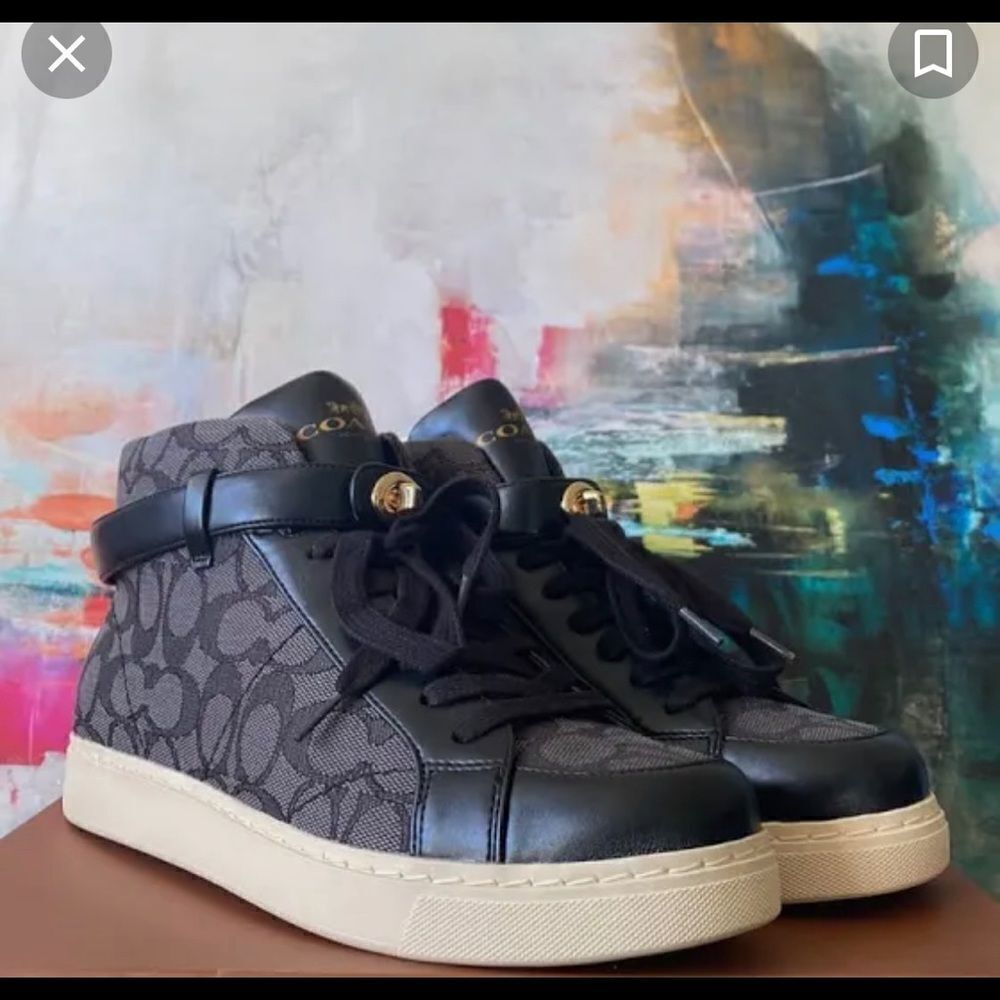 Coach Women's black grey Signature Ray Outline High Top Fashion Sneaker size 6B - Picture 3 of 10